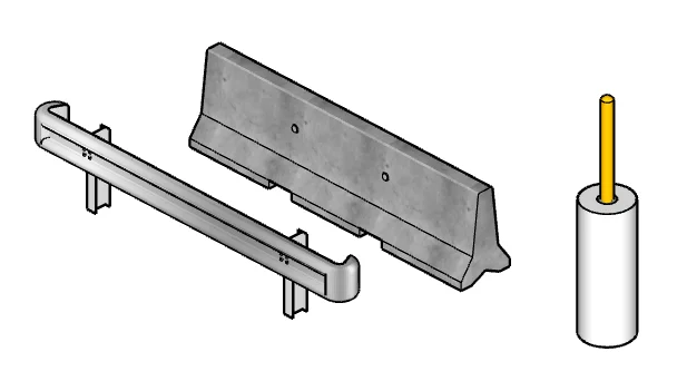 Three types of vehicle impact protection: Guard Rail, Jersey Barrier, and Pipe Bollard