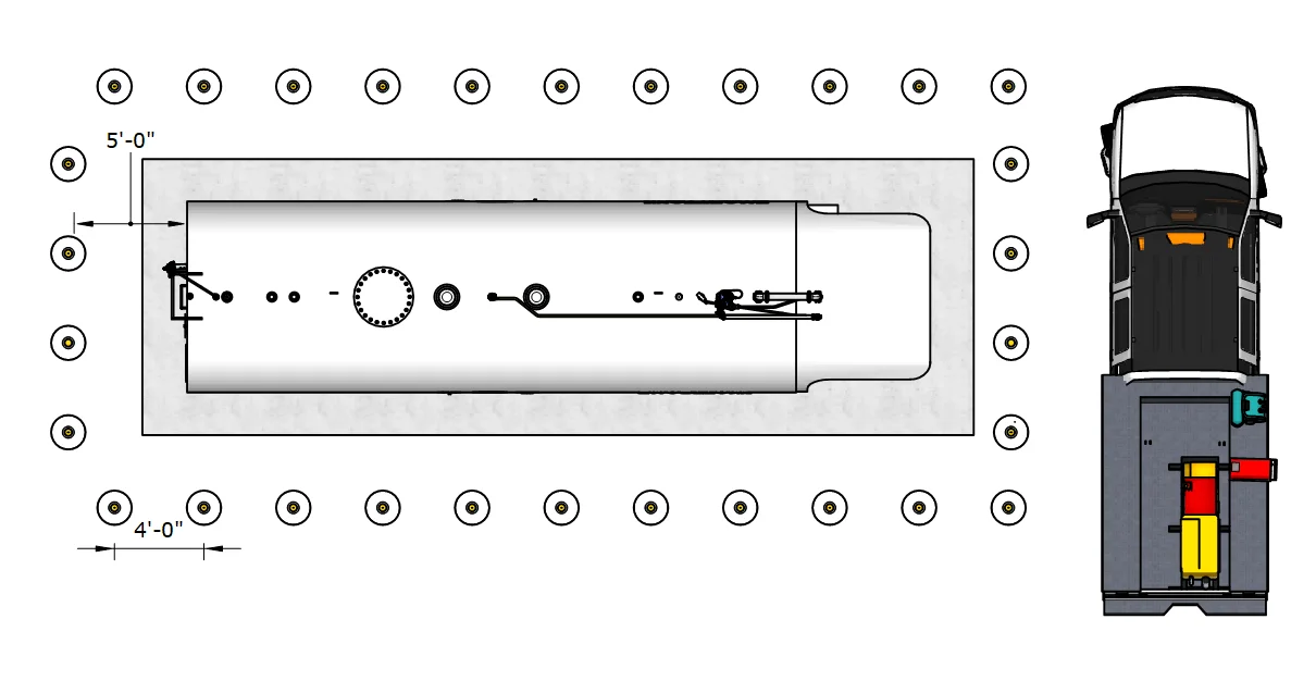 Site layout showing tank with bollard protection - 5 feet setback from tank, 4 feet spacing between bollards
